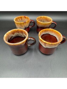Vintage Brown Drip Glaze Stoneware Coffee/Tea Mugs Set Of 4 Made in USA